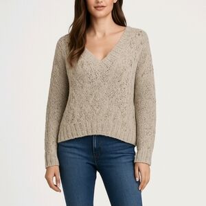 Mason Sweater Ivory Marled Wool Chunky Cable V Neck Loose Fit Long Sleeve Size S